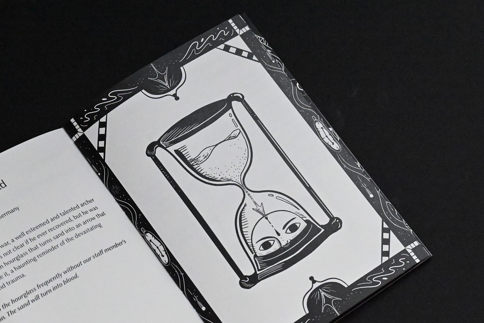 illustration of hourglass with a head in it in surreal illustration zine 'the traum(a)'s kunstkammer'