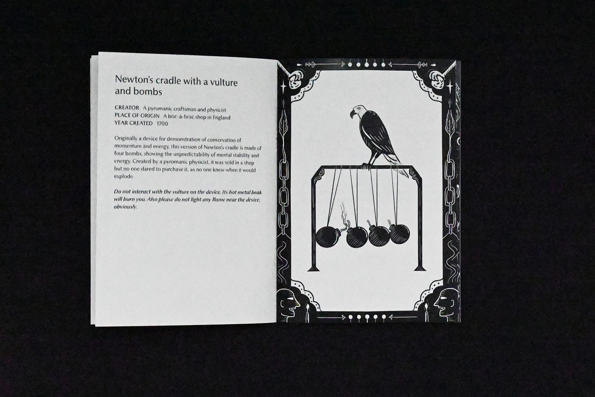 illustration of vulture and 4-bomb newton's cradle of in surreal illustration zine 'the traum(a)'s kunstkammer'