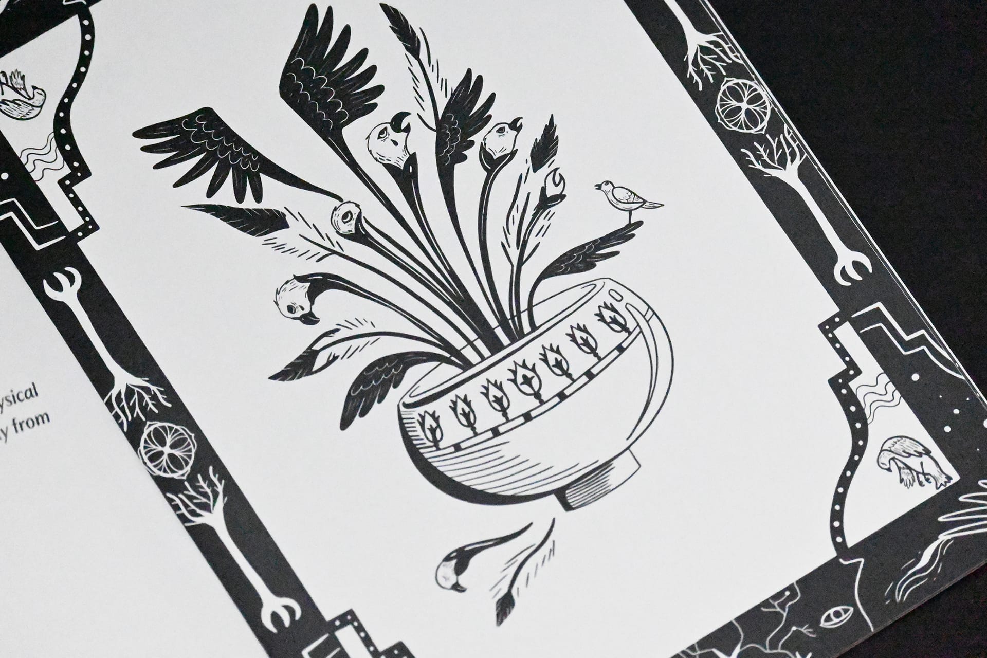 illustration of potted plants that sprouts eagles in surreal illustration zine 'the traum(a)'s kunstkammer'