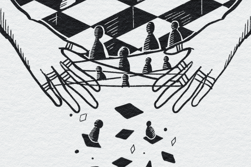 black and white surreal illustration of two hands forming cat's cradle, with lines forming a chessboard, and the human-shaped chess pieces fall down