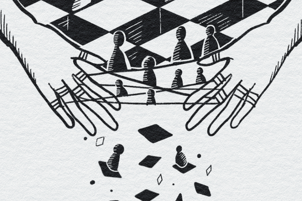 black and white surreal illustration of two hands forming cat's cradle, with lines forming a chessboard, and the human-shaped chess pieces fall down
