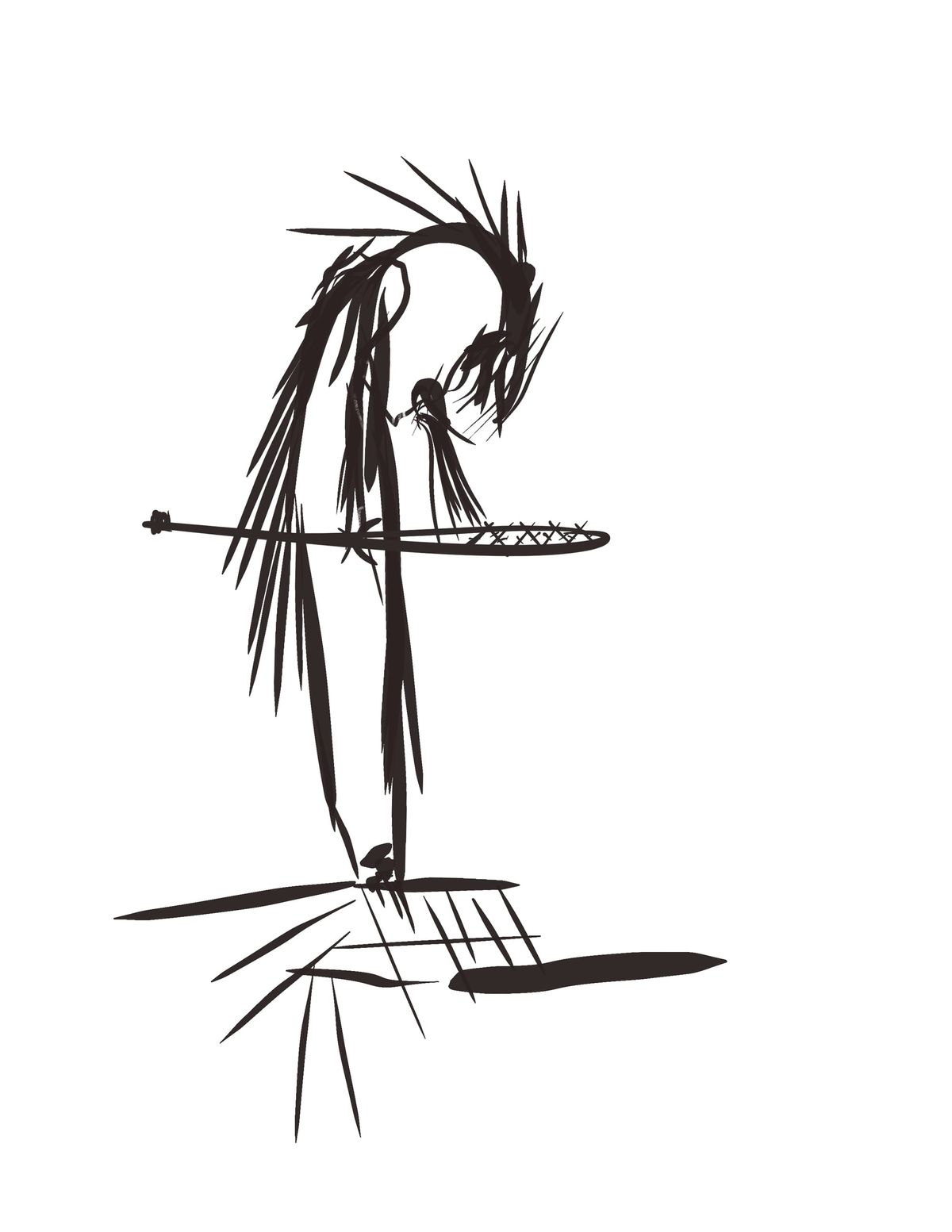 Abstract drawing in black and white somewhat suggestive of hominid-esque features