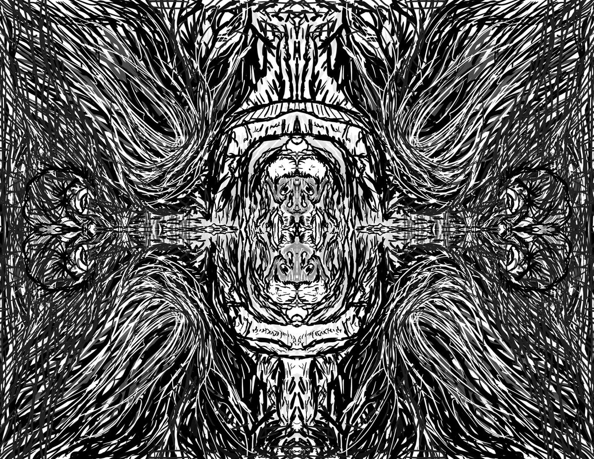 Heavily lined drawing  in black and white