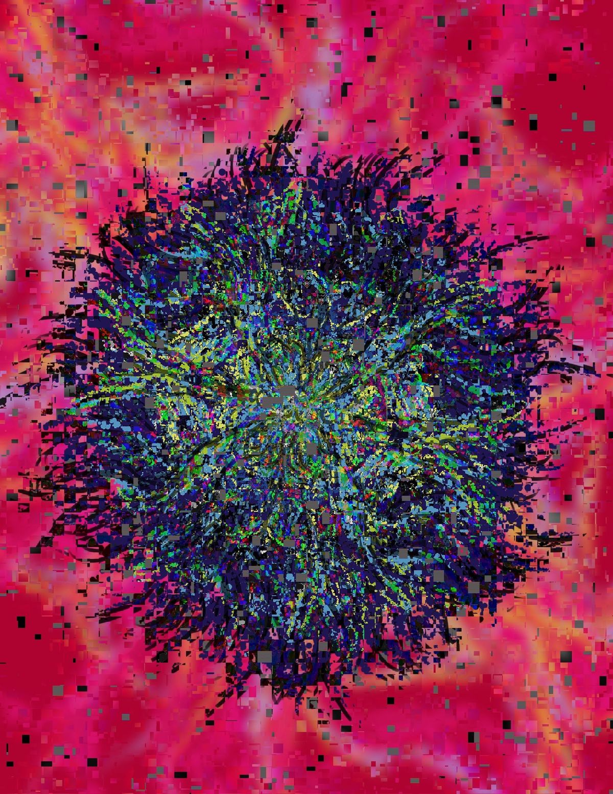 Abstract heavily glitched drawing, pink background, predominantly blue orb-esque subject