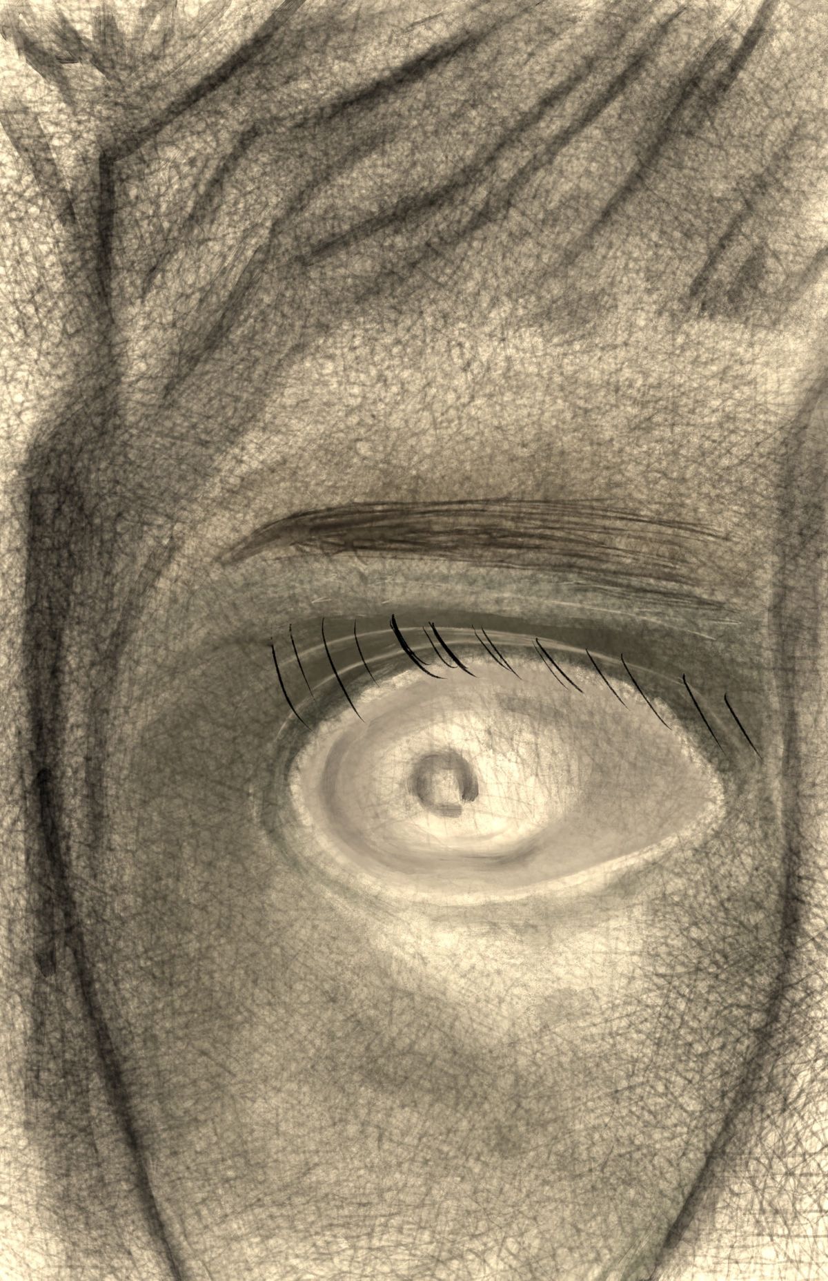 Abstract drawing of a close up human eye where nose could appear on either left or right