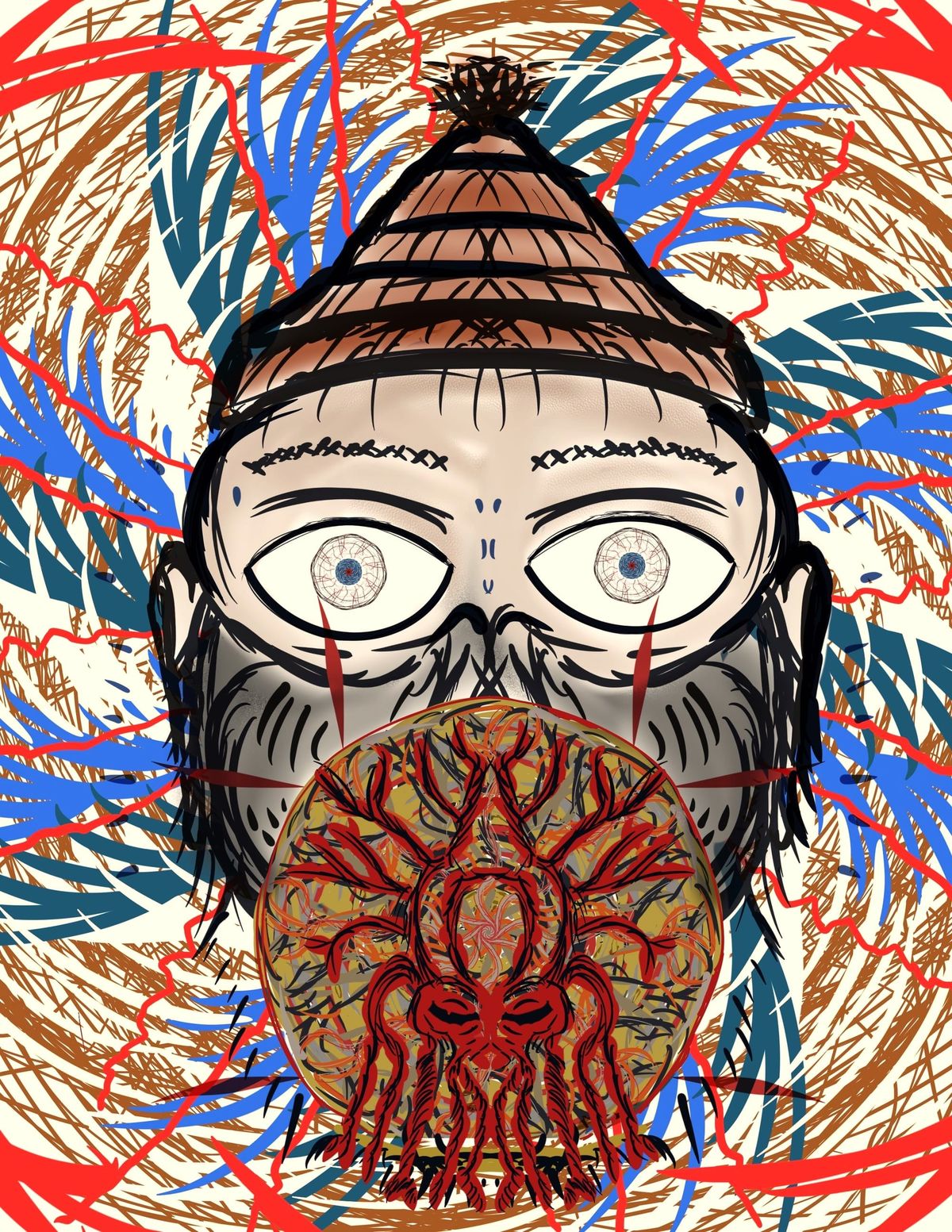 Abstract psychedelic-esque human suggestive of blowing an alien-esque bubble