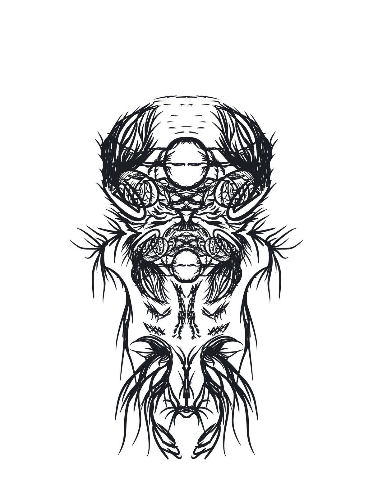 Abstract drawing in black and white suggestive of a bug-esque creature