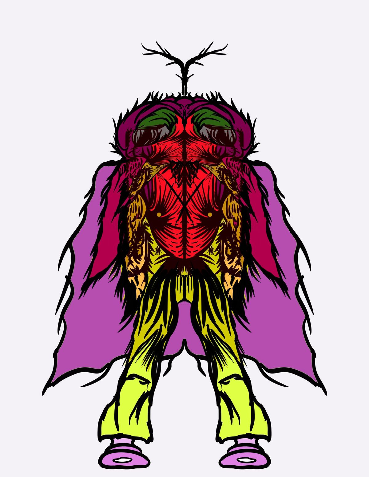 Abststract drawing of a bug-esque creature with purple cape and green pants