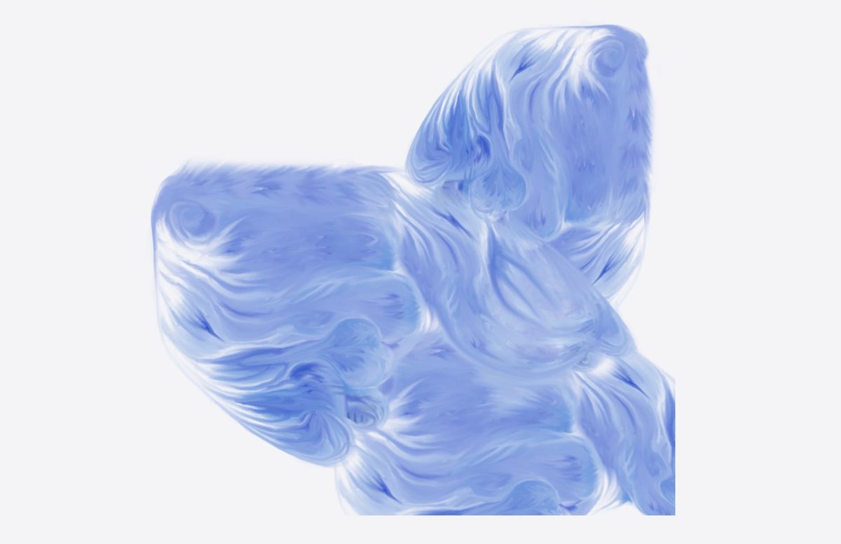 abstract drawing in a subdued blue tint, suggestive of two dogs