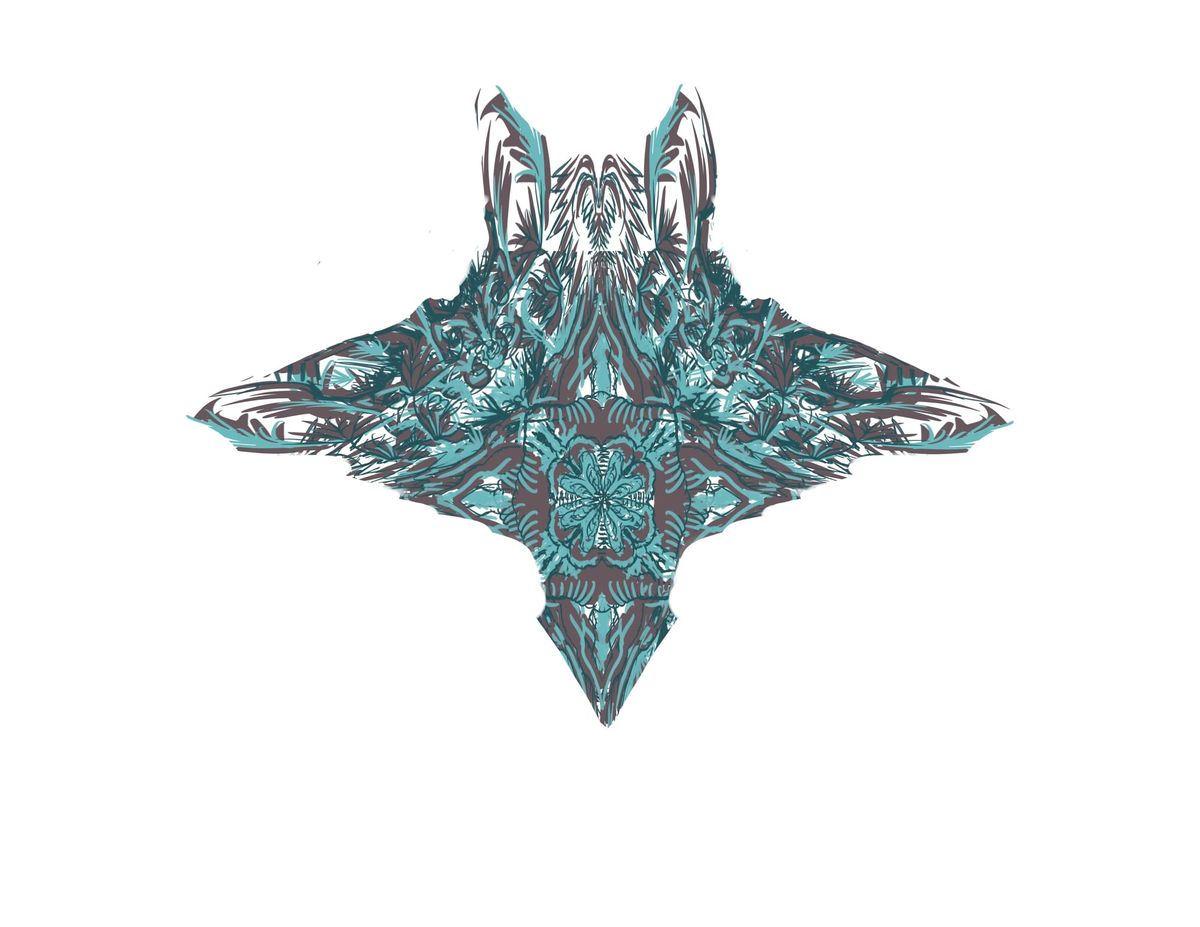 Abstract drawing in turquoise with blue green and brown highlights suggestive of back of head and shoulders