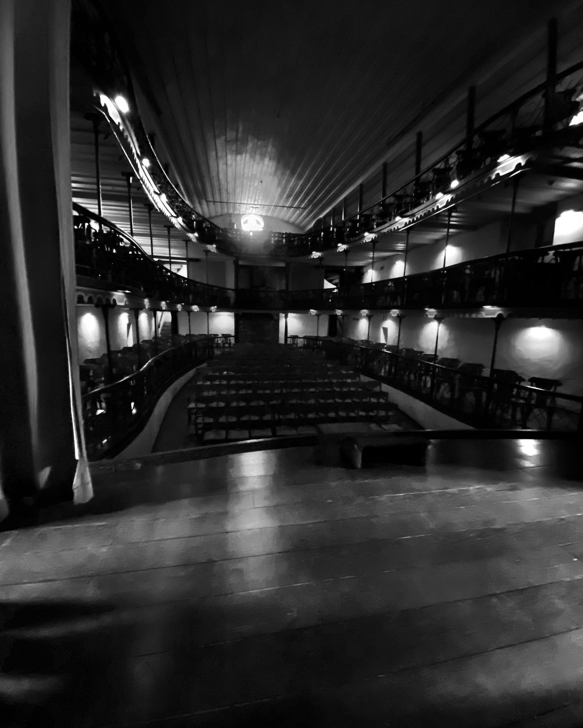 Black and white photo of theater from stage located in Ouro Preto Brasil