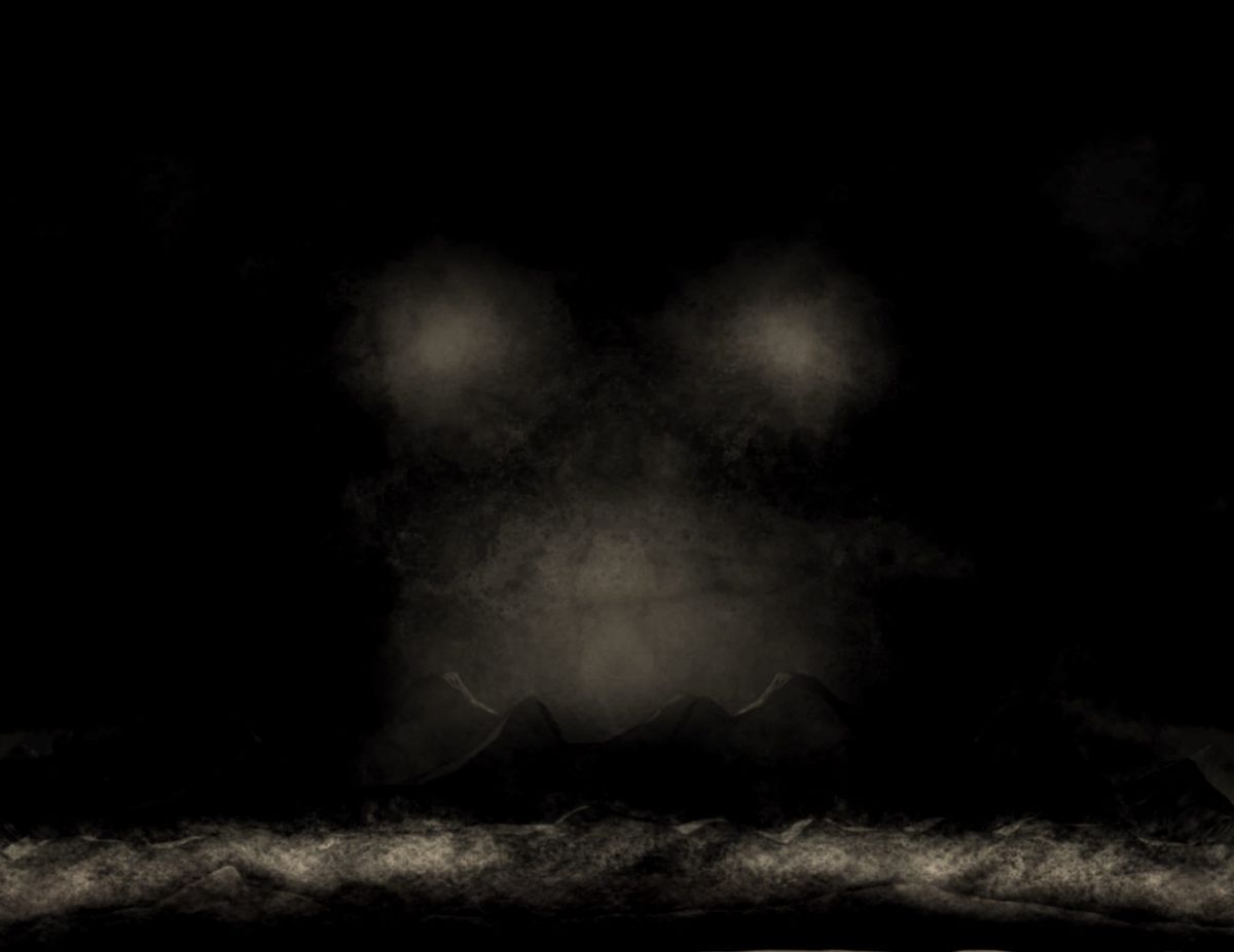 Abstract drawing in black with subtle light highlights that imply darkness lit by headlights