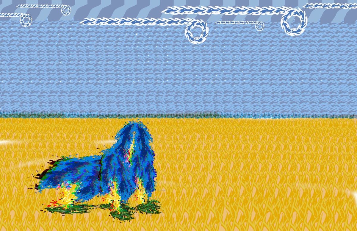 Abstraction of a creature in a field with the sky in the back ground