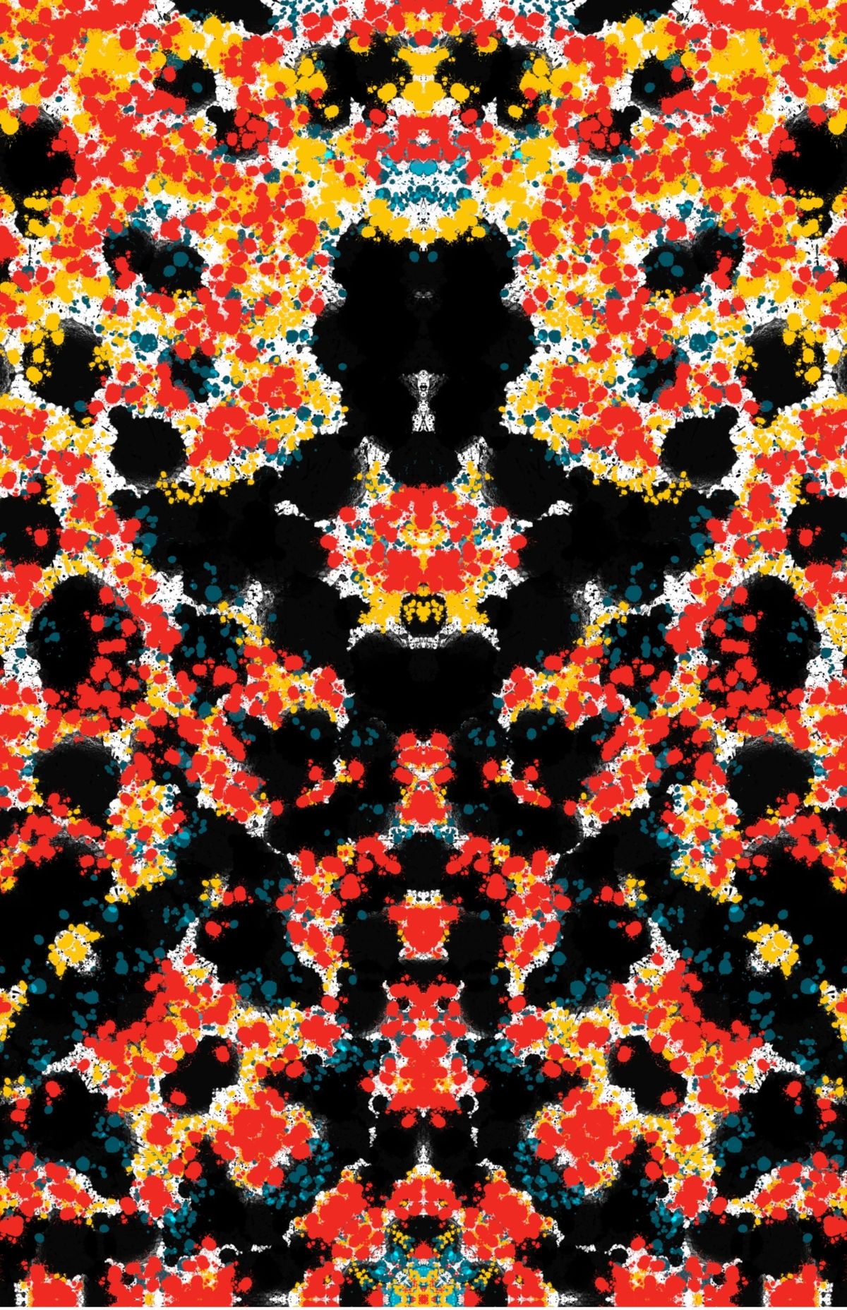 Abstraction using symmetry in red, black, with blue and yellow highlights