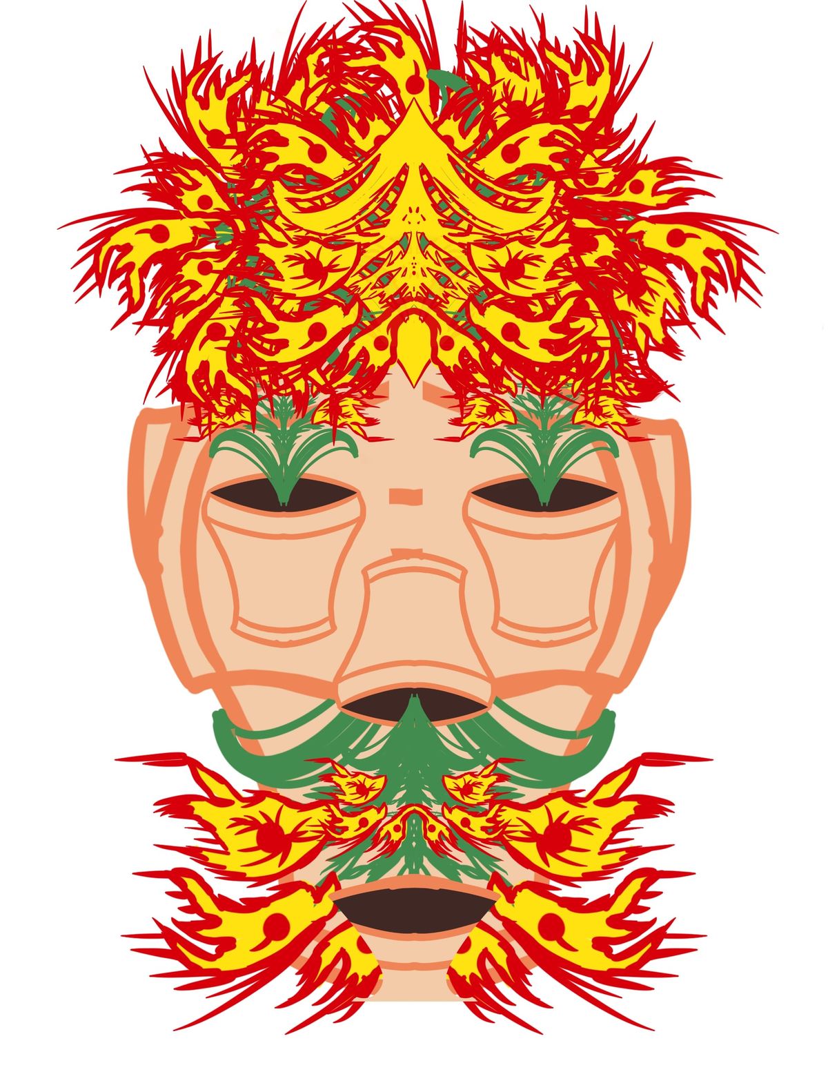 A human-esque portrait of a man with lots of bright yellow hair like features and terra cotta skin tone