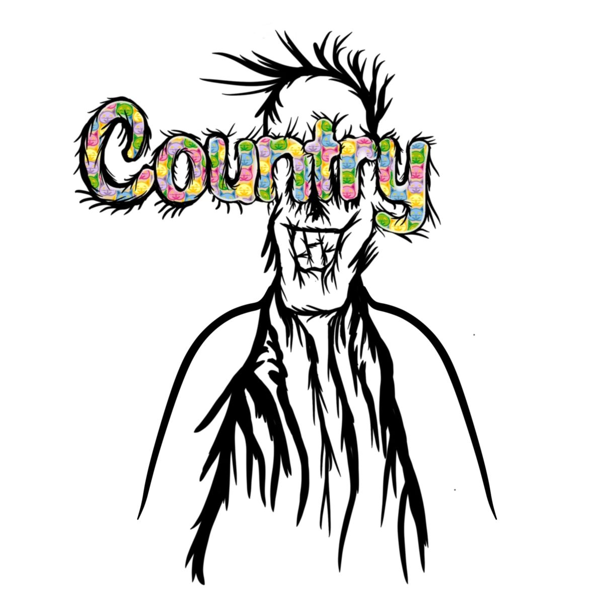 Human-esque figure with the word 'country' obscuring the face.