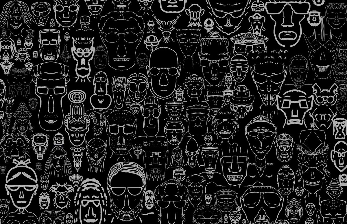 A collection of two dimensional people-esque portraits in white over black.