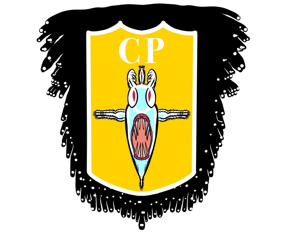 A shield imaged by a pesce -esque grotesque over parasitic blibs 