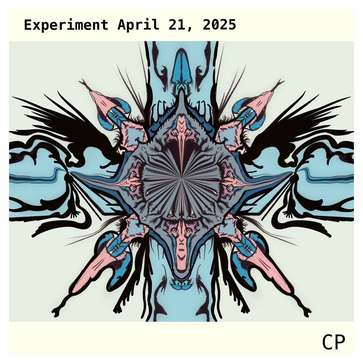 A highly abstract symmetrical abyss in blue with some black and pink highlights falling into itself