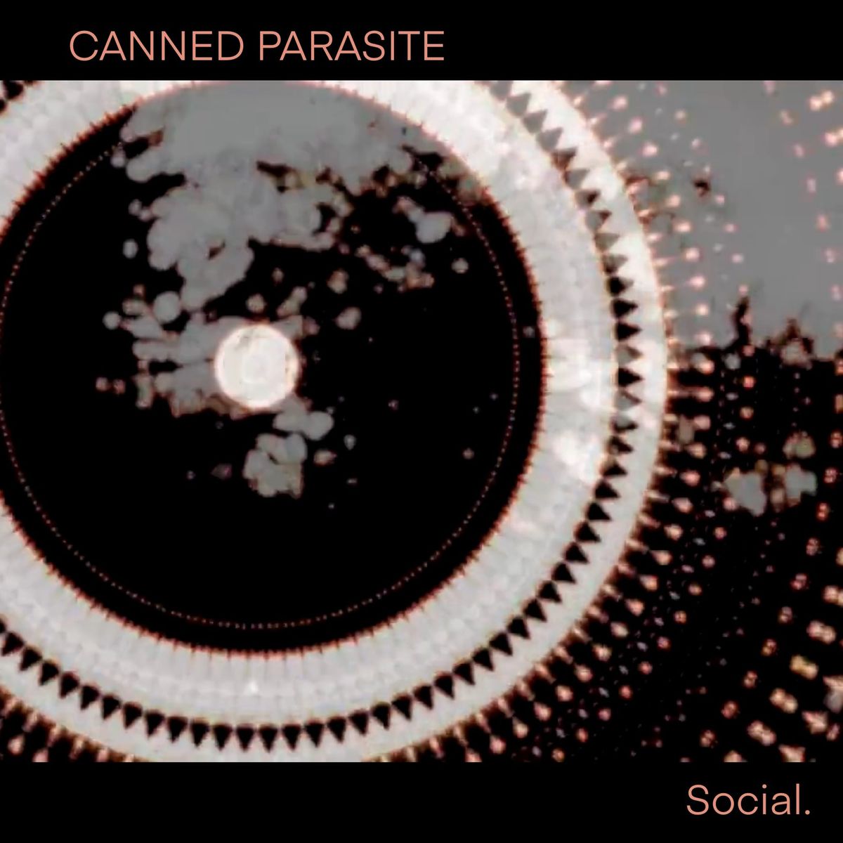 A large, round, kaleidoscope effect in a very subtle orange hue overlays a dark ambiguous black and orange hue background.