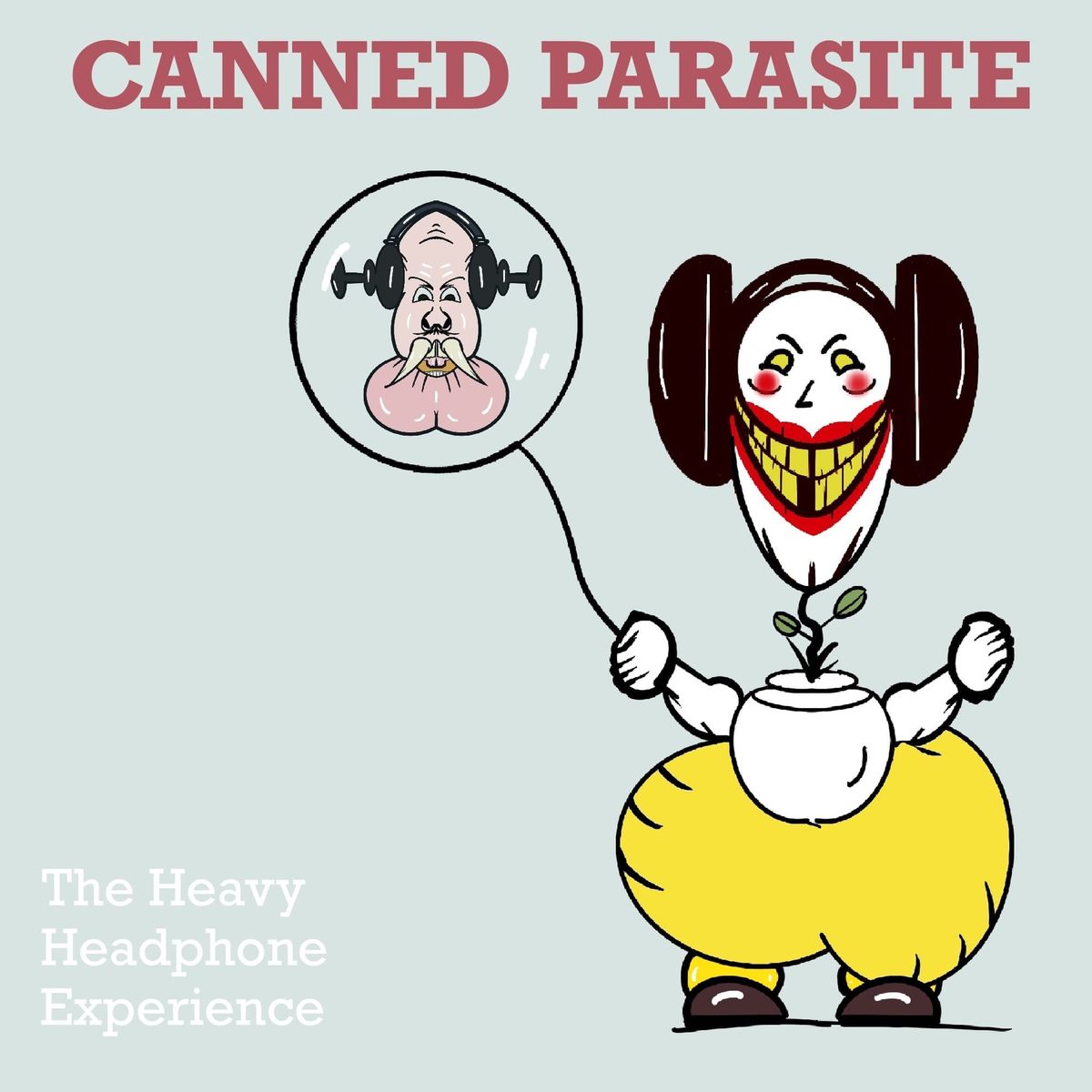 Something clownesque with big heavy headphones with a balloon (a man’s head with tusks within it)