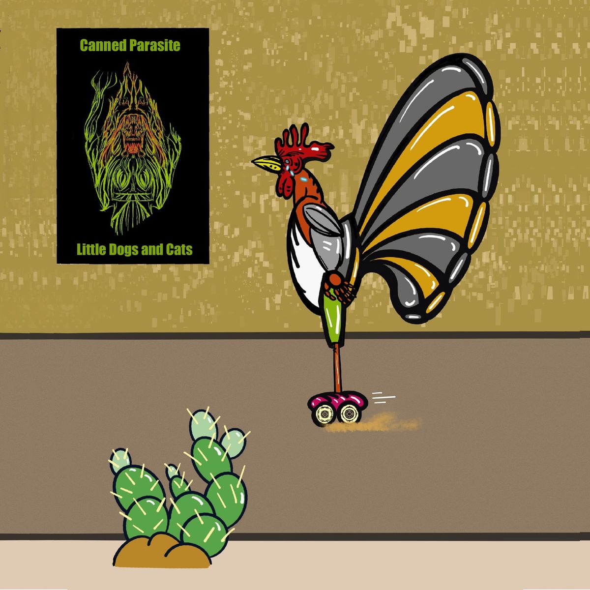 A rooster on skates going past a prickly pair cactus and a poster
