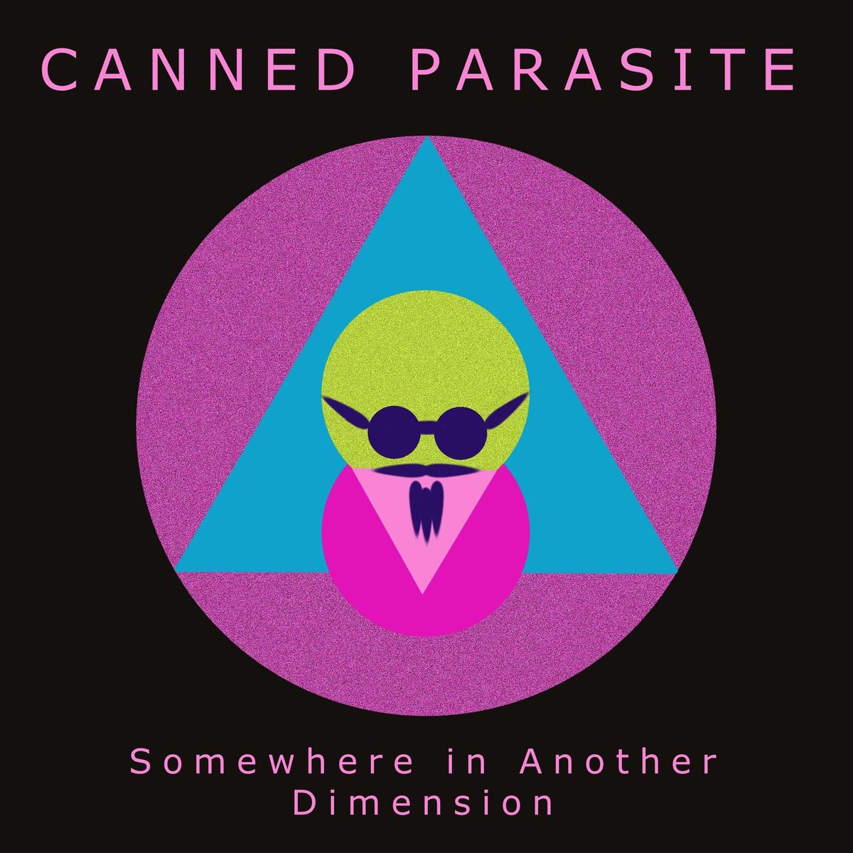 A green circular dude in dark shades against dayglo blue and several pinks