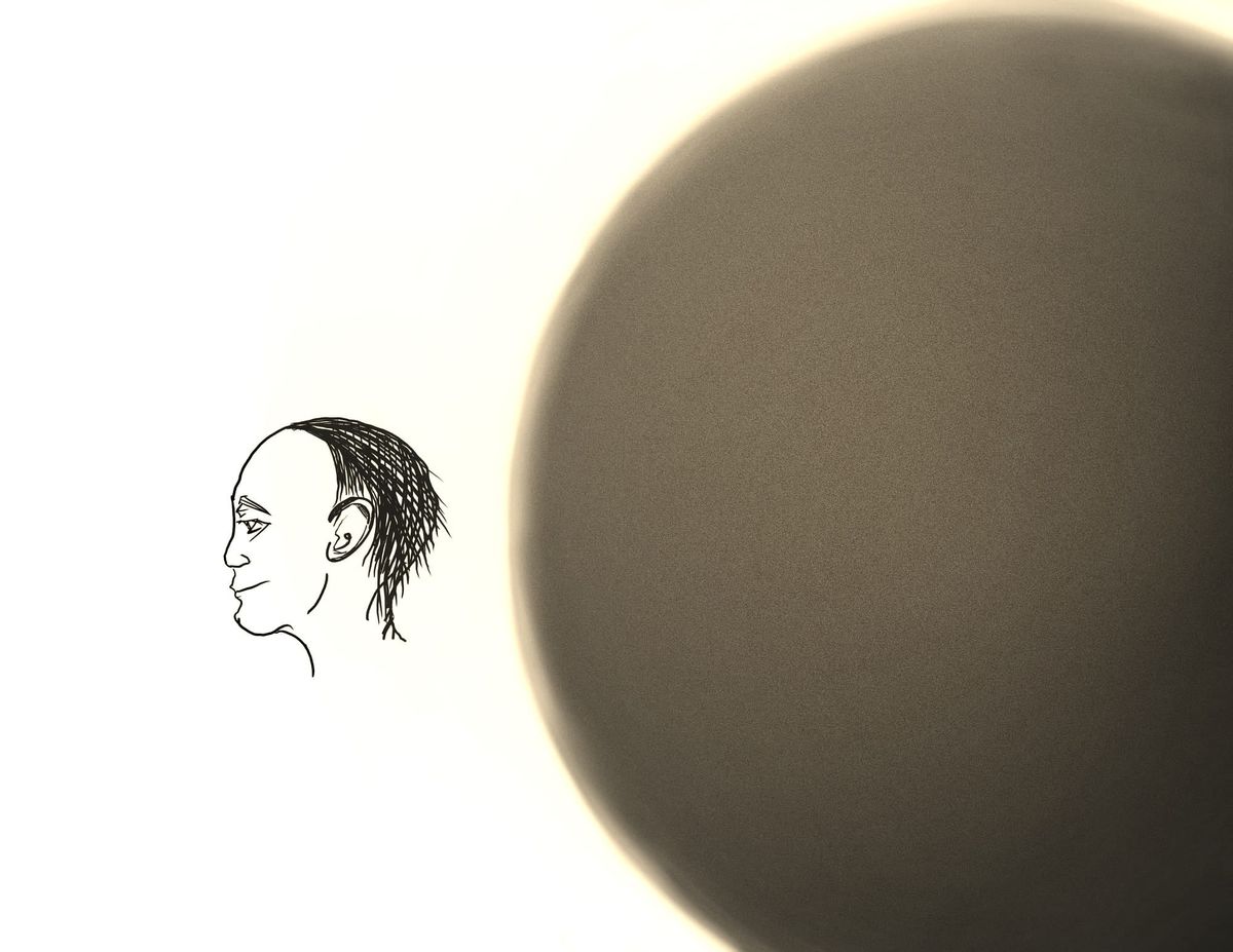 A man’s profile (sketched) and an orb (airbrushed).