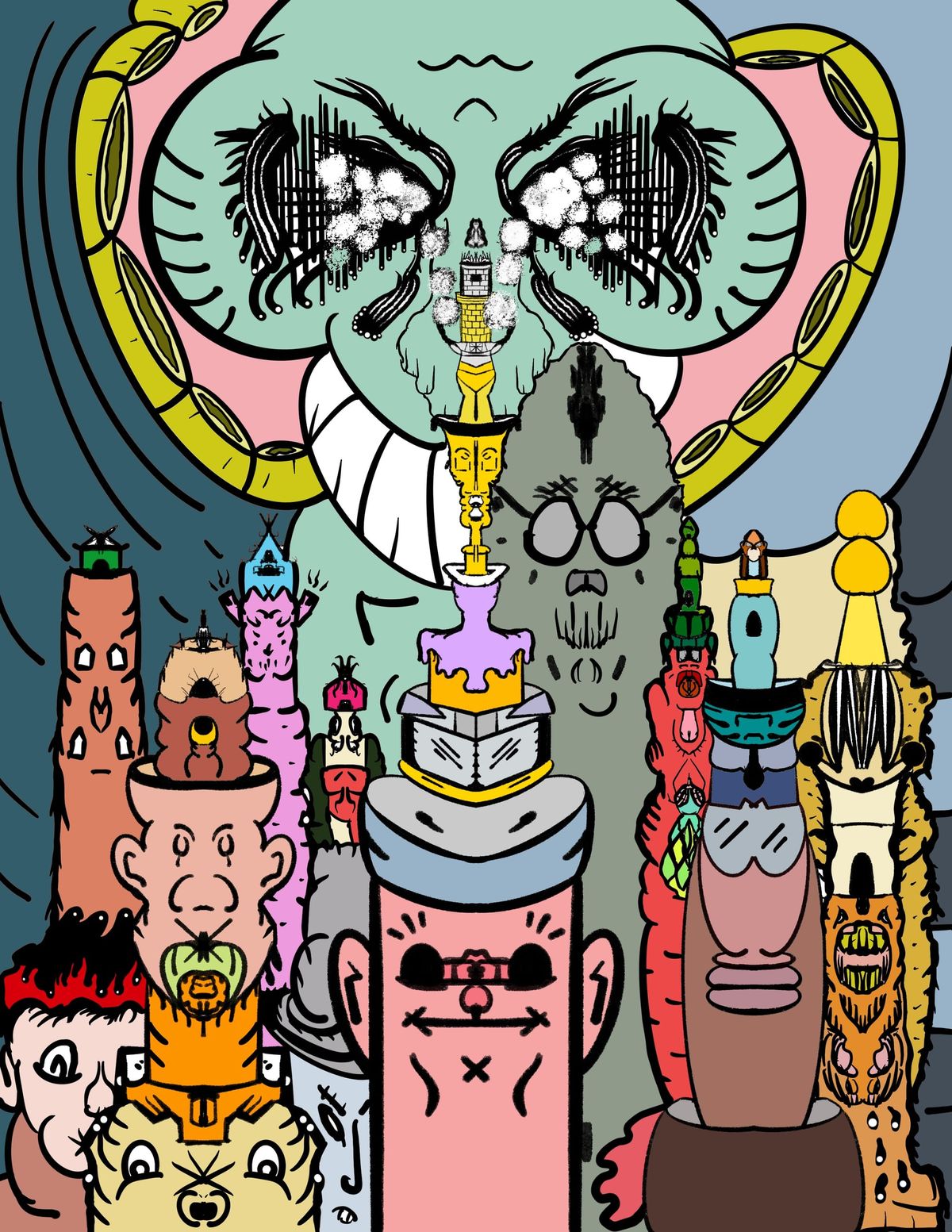 Abstract cylindrical cartoonish looking characters in a drawing