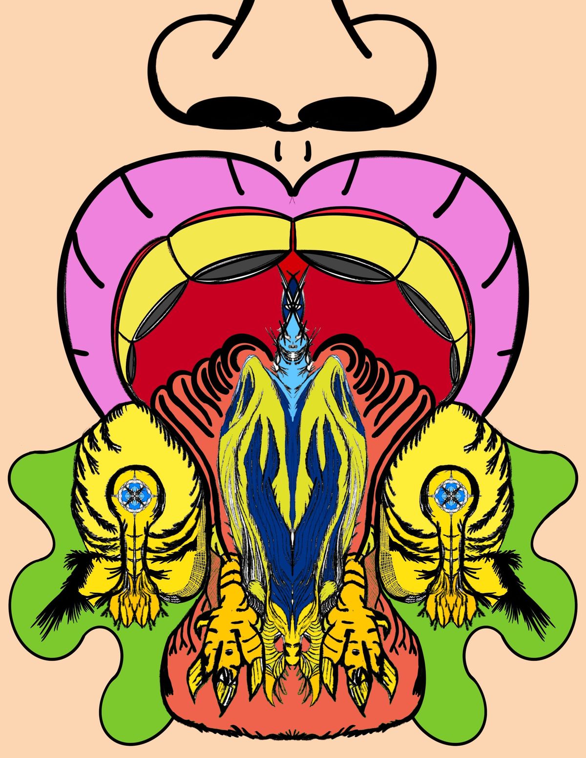 An abstract of a grotesque mouth with an abstract creature like vomit spewing from it.