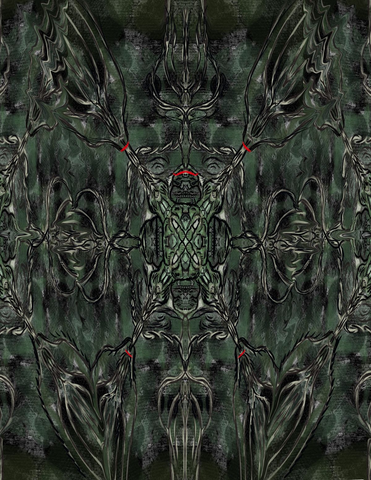 A digital abstract drawing that is suggestive of a turtle tied to a tabl