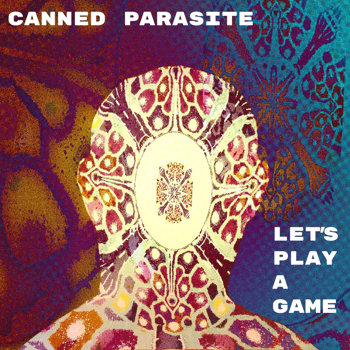 A psychedelic amphibious silhouette of a humanesque headshot against a scaled up psychedelic background. 