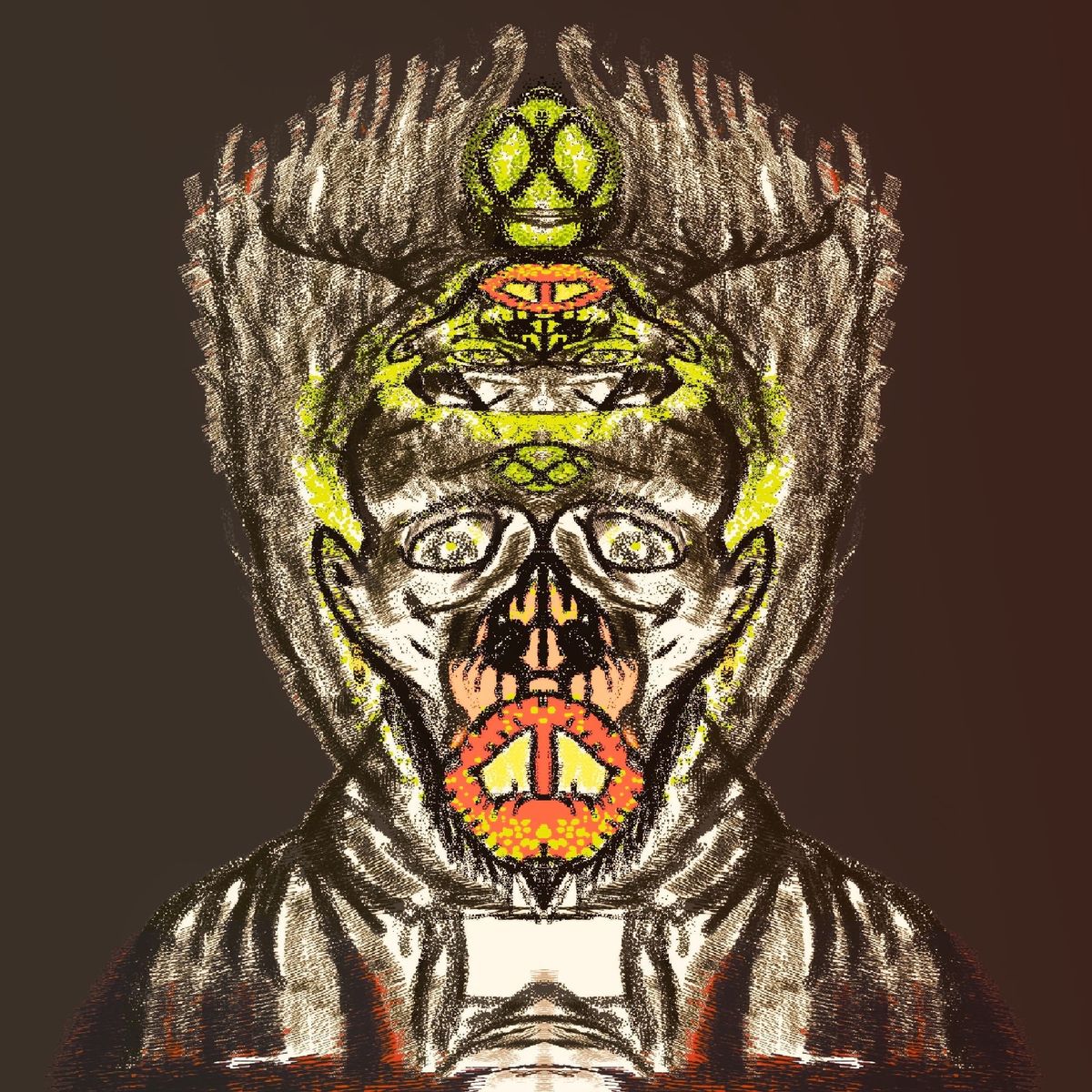 A frightened grotesque of an unclear mood, represented in hues of brown with an ethereal glow slightly surrounding the upper  cranial region.  