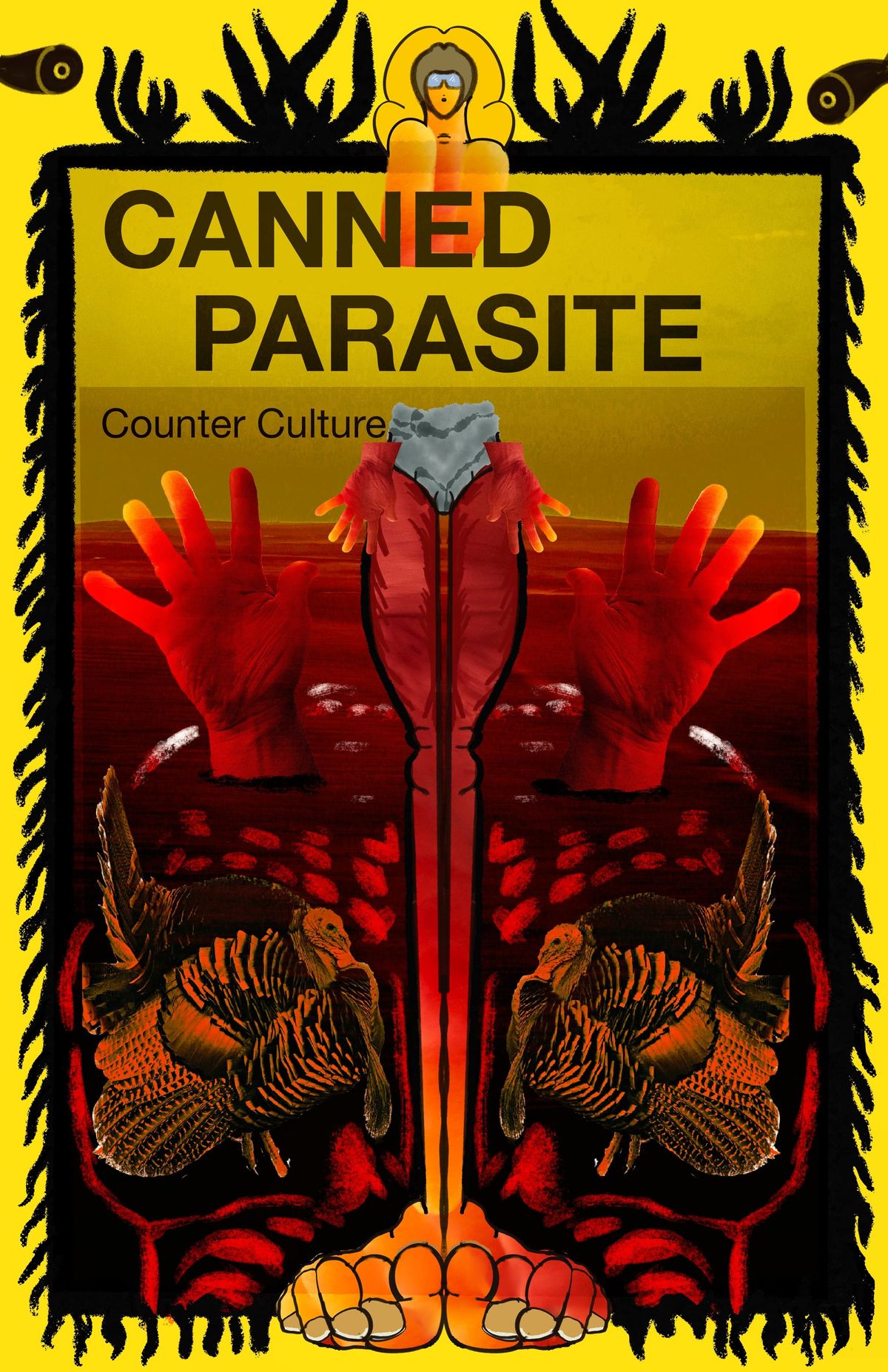 Abstract Poster Art for the Counter Culture audio piece. Vibrant oranges and yellows and darkness. Suggestions of a skull, a model ands thrust skyward from the soil. And two turkeys.