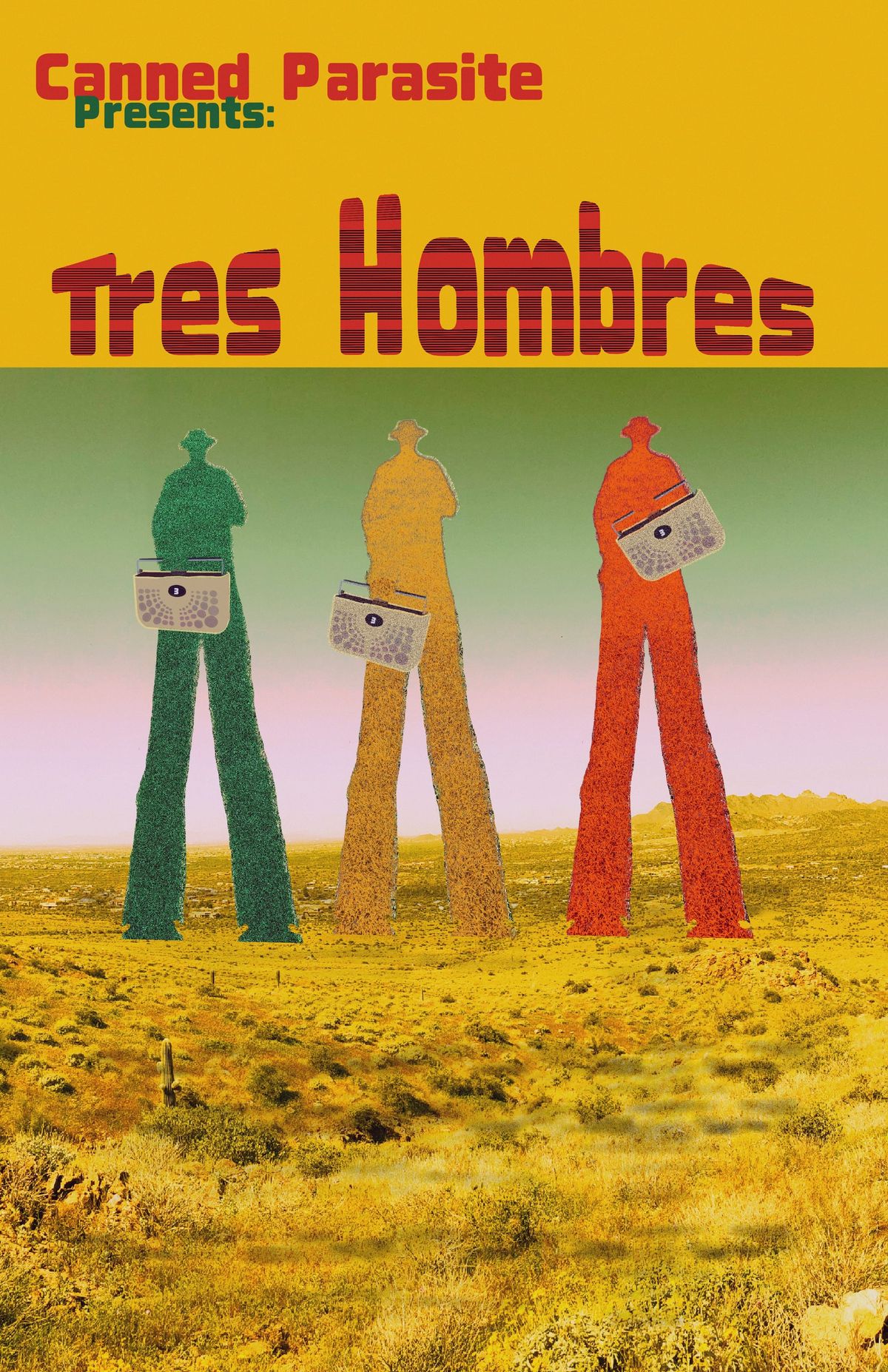 A multimedia visual with 3 oversized hombres in different primary colors standing in an arid environment. The 3 hombres appear to each be holding what appears to be portable 8 track decks.