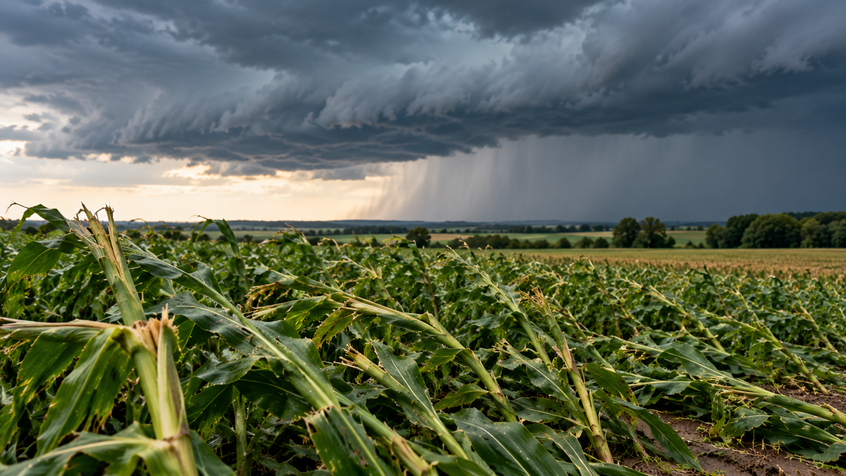 Viharkár által megdőlt kukoricaállomány közeledő zivatar előtt