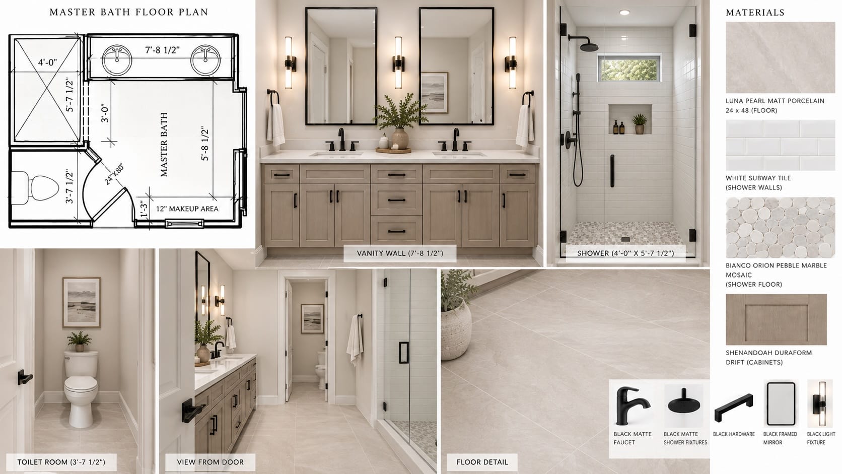 Primary bath — plan, vanity, shower, materials