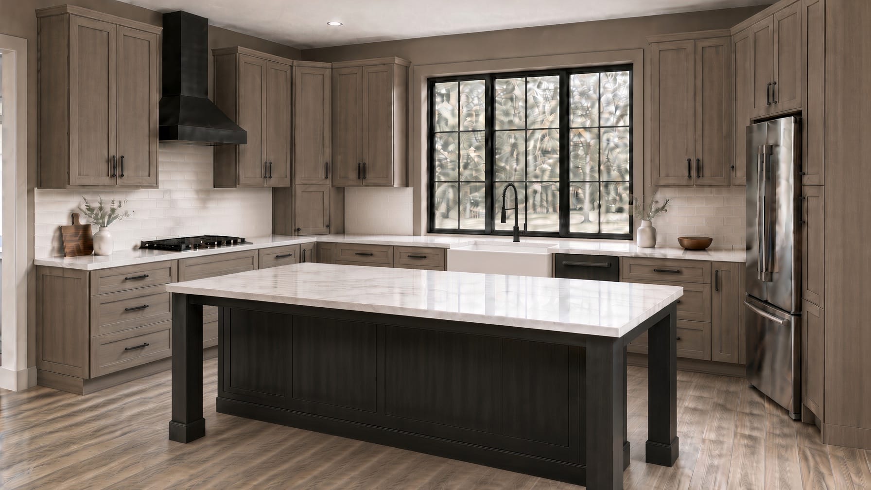 Kitchen concept — gray-wash shaker cabinets, black island, white stone, farm sink