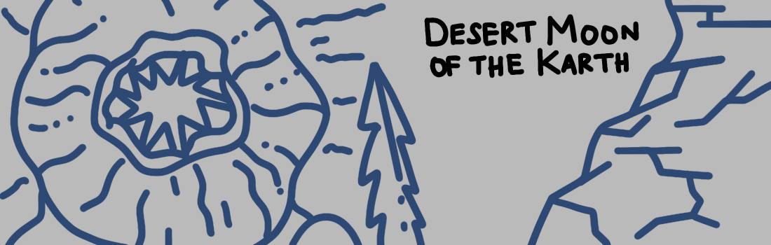 Desert Moon of the Karth, a monstrous squid-like figure with cliff on right side. 