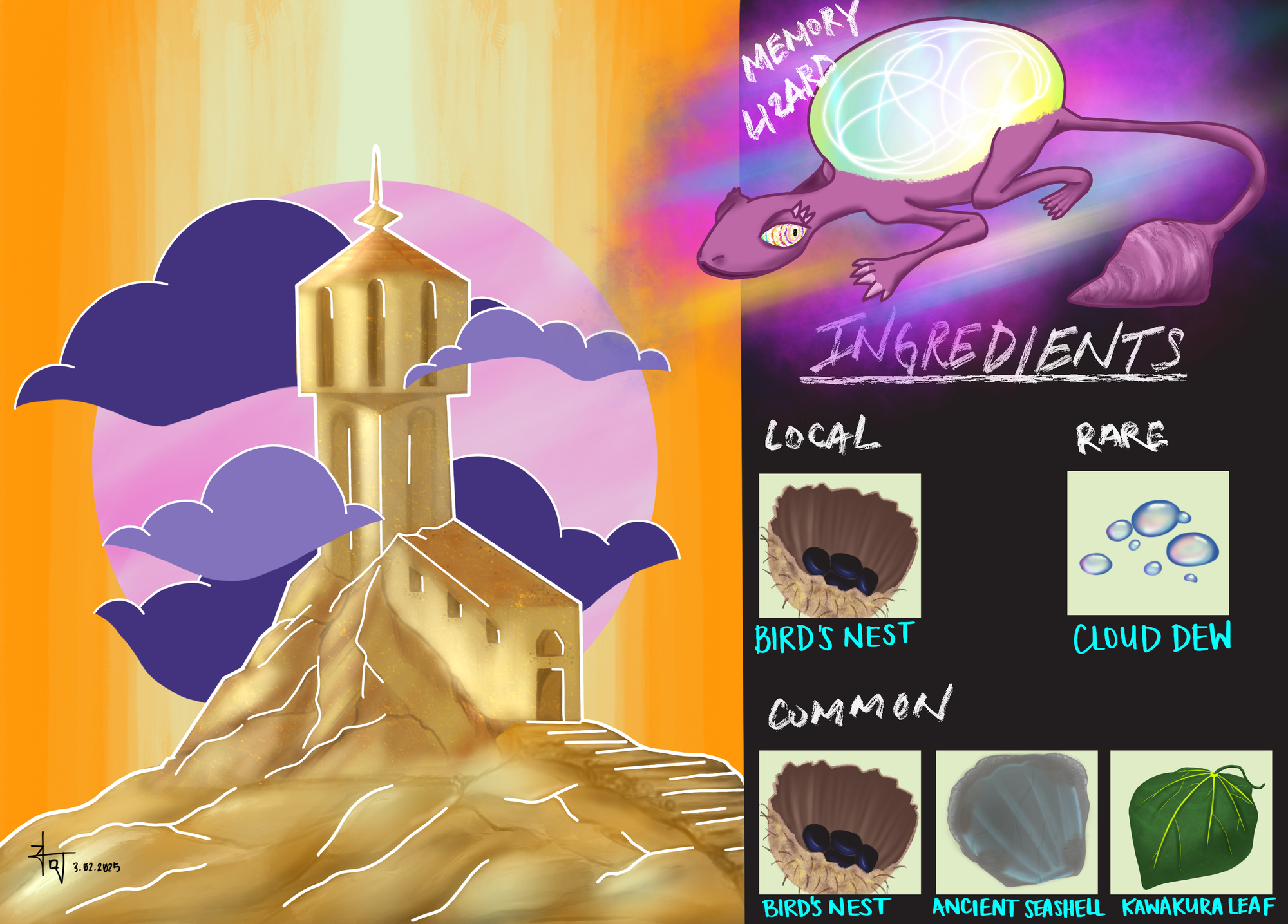 A faraway tower on the rocky hill with quick info of ingredients available.