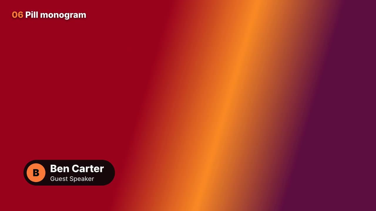 A dark pill lower third with an orange monogram circle