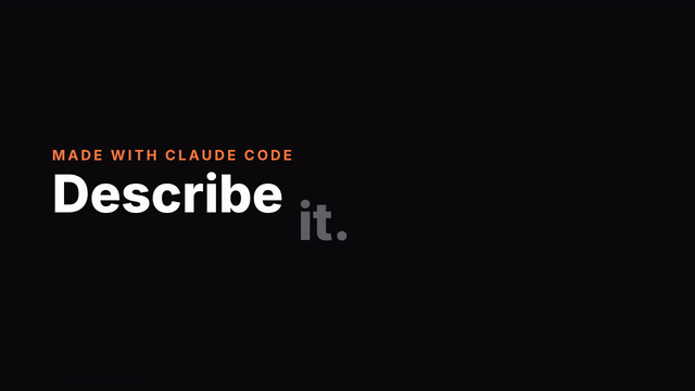 A six second animation on a black background. The words Describe it. Render it. slide in, an orange bar grows under them, an orange lower third slides in, a counter runs from 0 to 180, and a row of dots bounces.