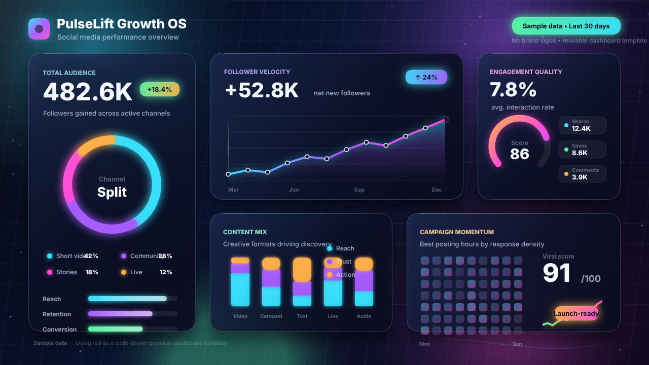 An animated dark neon social media dashboard by GPT-5.5 called PulseLift Growth OS, with a donut chart, a follower line chart, a score gauge, a stacked bar chart and a heatmap.