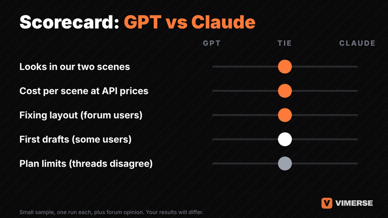 An animated scorecard. Five sliders move from the middle toward GPT or Claude. Looks, cost per scene and layout fixing lean Claude, first drafts lean GPT, and plan limits stay in the middle. The final tally reads Claude 3, GPT 1, Tie 1.