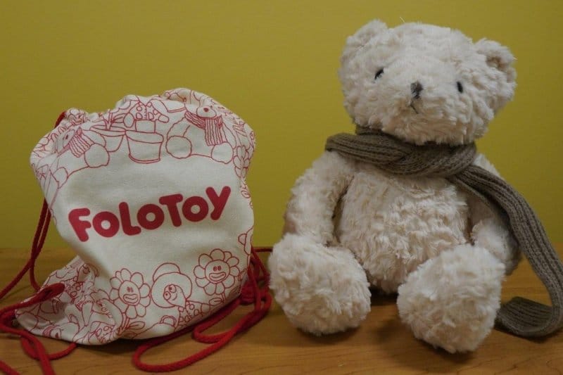 a teddy bear next to a carrying bag