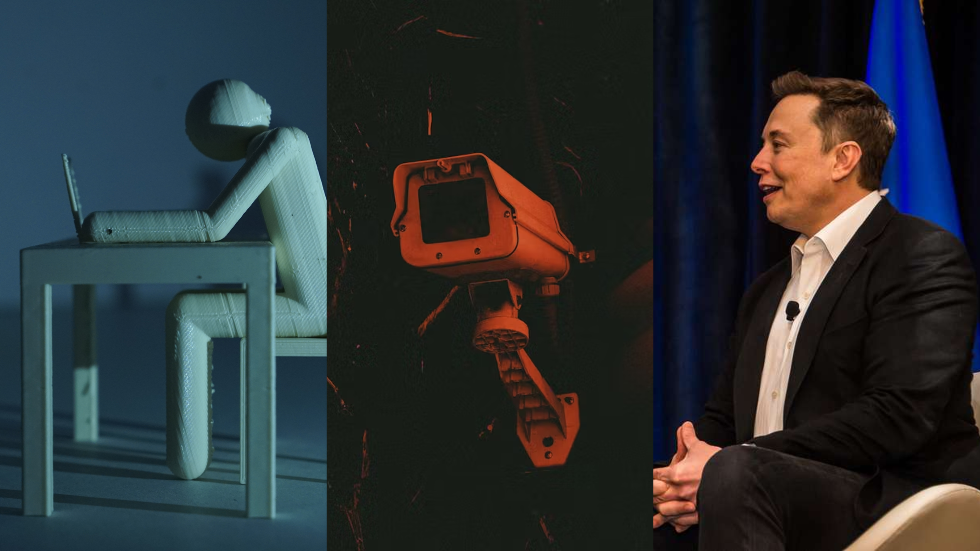 Wooden figure sitting at a desk, surveillance camera, Elon Musk