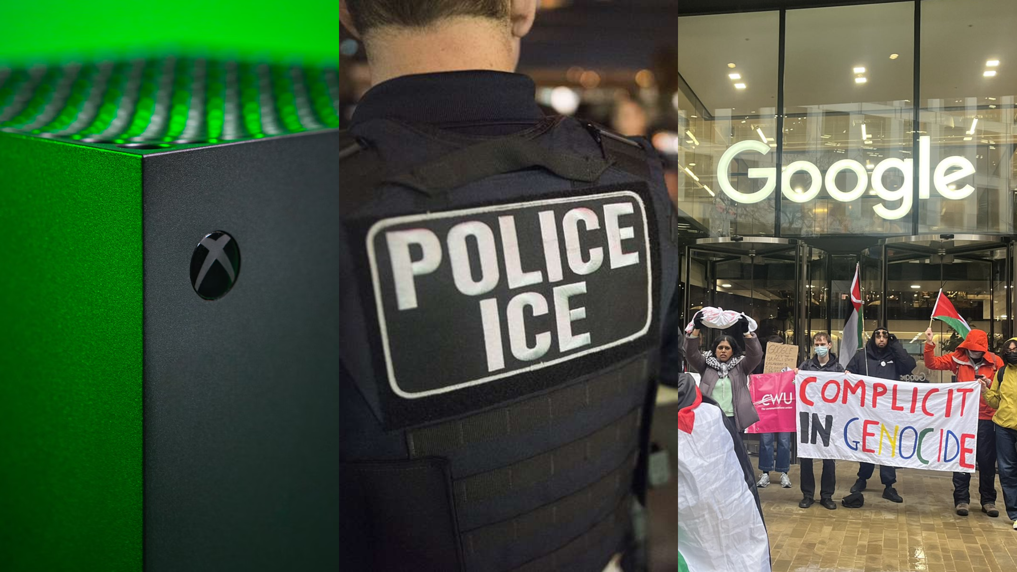 Photos of an Xbox, a uniform that says Police ICE, a protest outside a Google office
