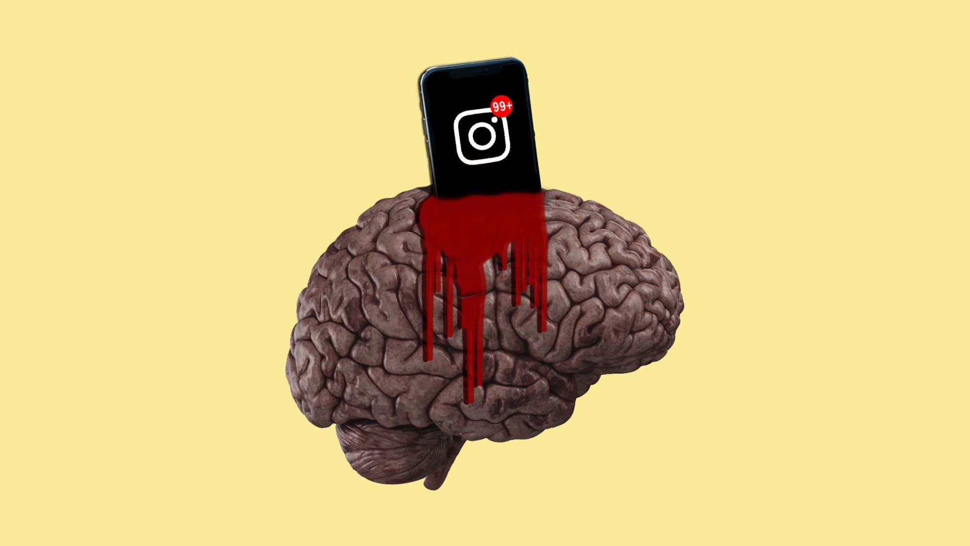 A brain with a phone showing Instagram notifications lodged in it