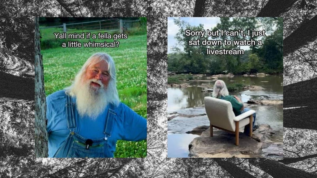 Two screenshots of a jolly man with a big beard talking about being whimsical and sitting down on a chair in front of a stream