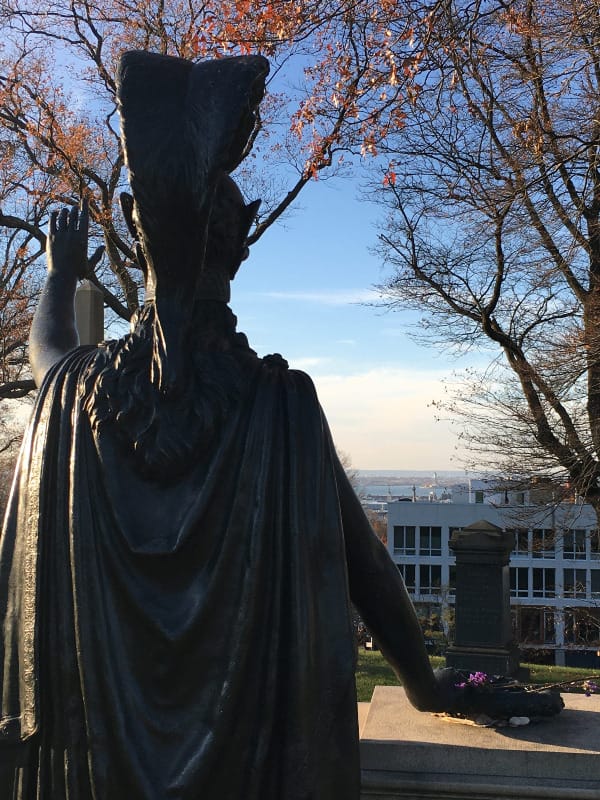 a statue of the Roman goddess Minerva, with helmet, seen from behind. In front of her in the distance is New York harbor and beyond it the Statue of Liberty.